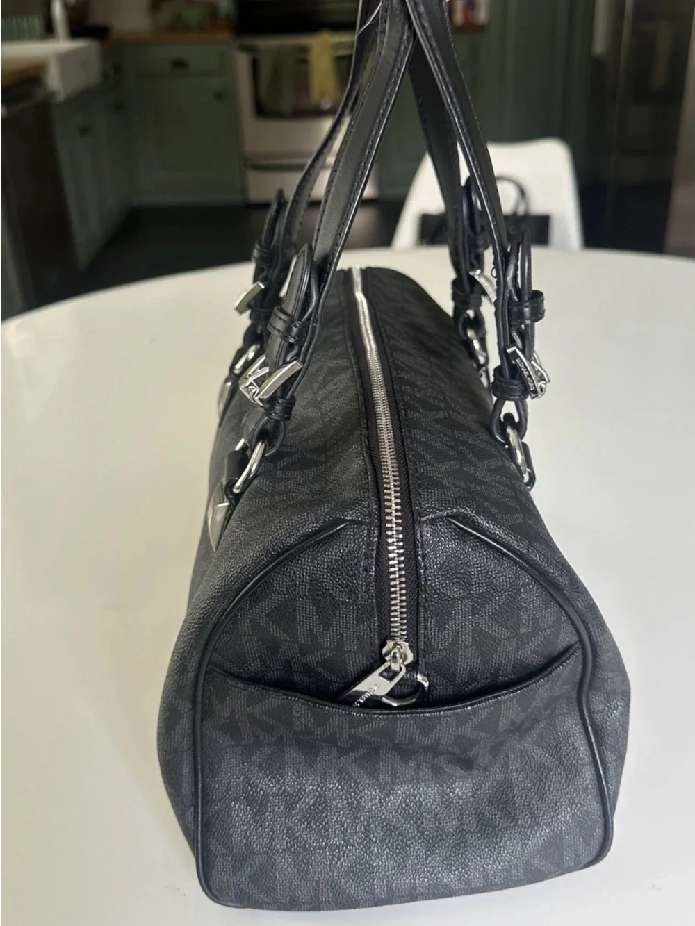 Michael Kors Black MK Logo Dome Satchel with Silver Hardware Grayson